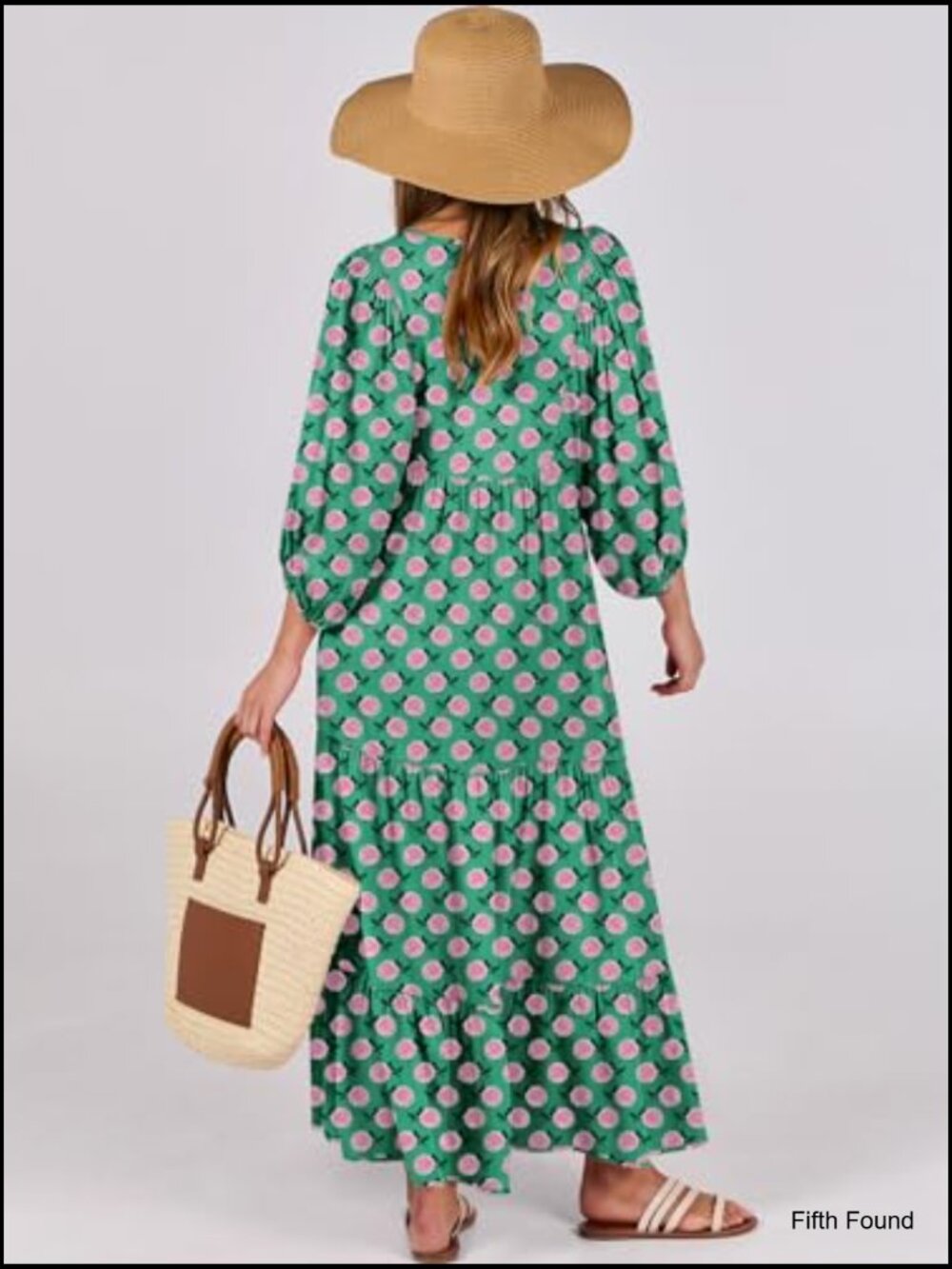Women's Boho Maxi Dress V Neck Puff Sleeve Floral Flowy Tiered Swing Dress - Picture 4 of 7